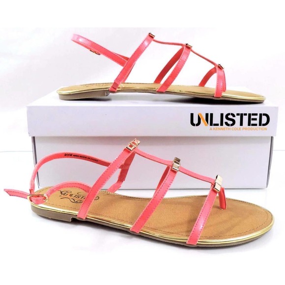 Unlisted by Kenneth Cole JAZZ STAND PA Strappy Flat Sandal Coral Patent Size 9.5 - Picture 4 of 7